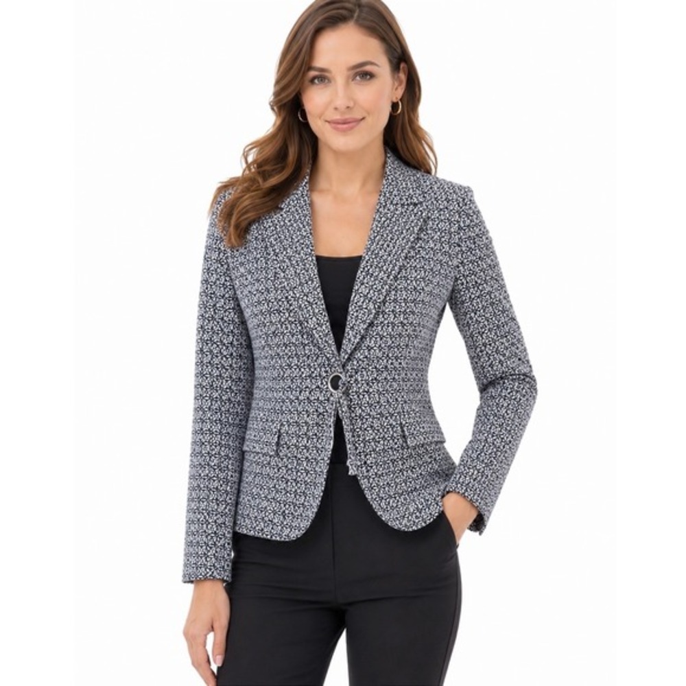 LTD Black White Geometric Print Single Button Blazer Jacket S Preppy Chic 69-49